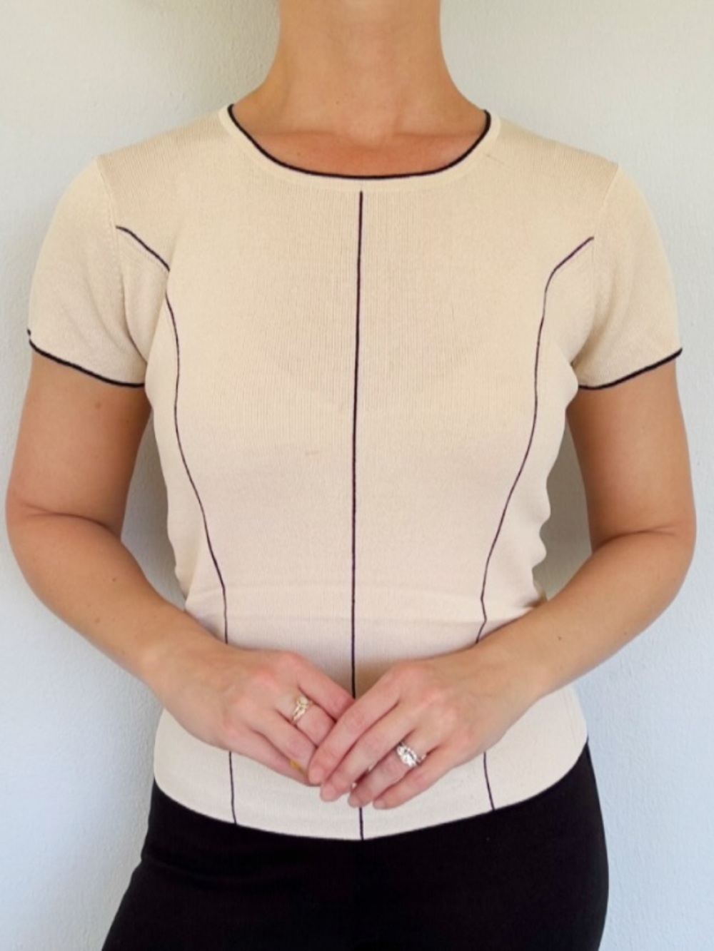Vintage Carducci cream black stretch knit short sleeve sweater top size large